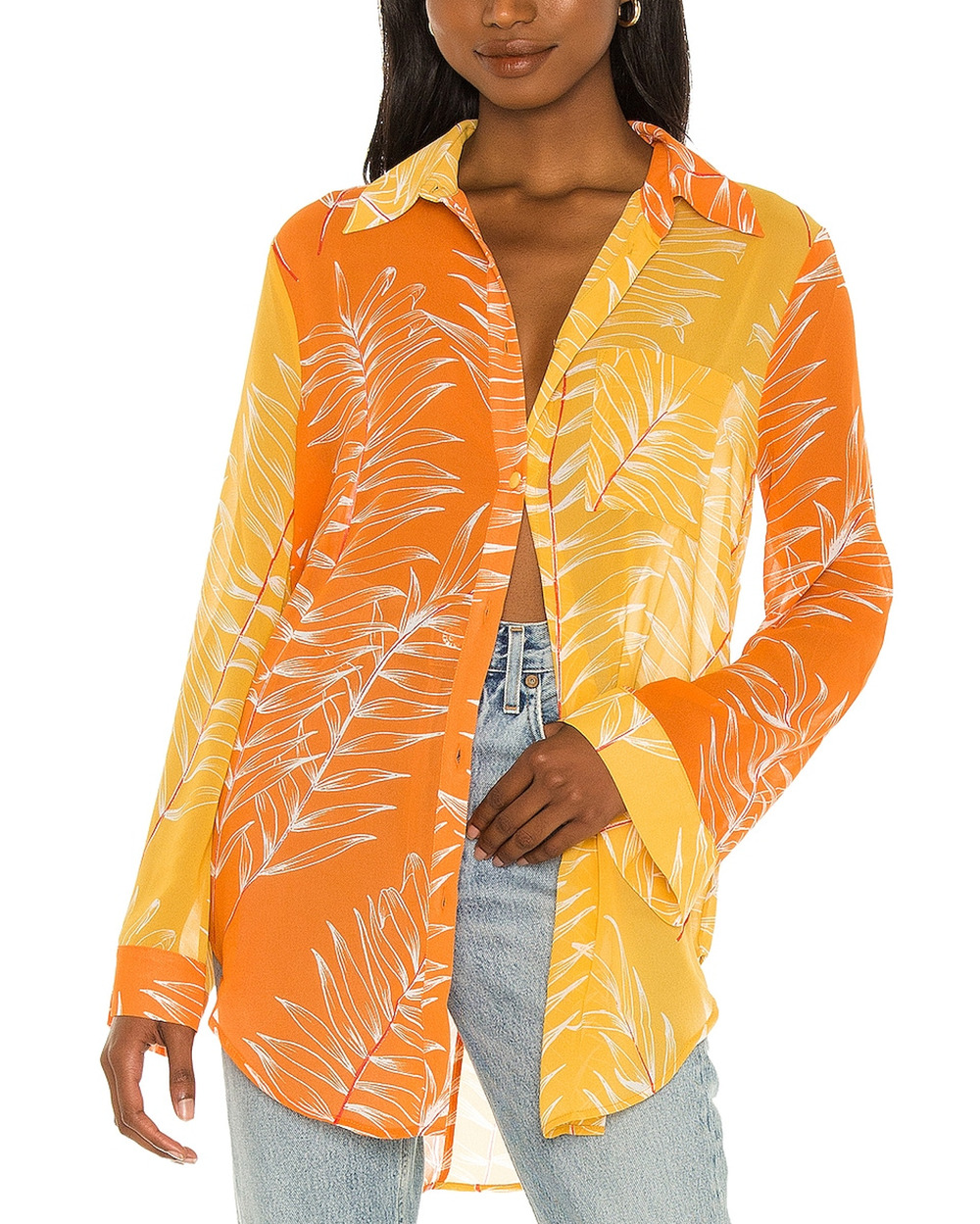 Camila Coelho Leaf Print Yellow Orange Brynn Shirt Dress Size XS